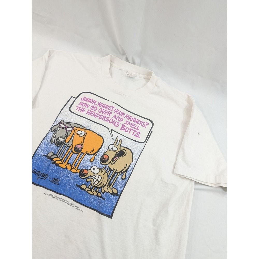 Vintage& Grimmy Shirt Mens XL White Dog Family Butt Sniff 90s Single Stitch